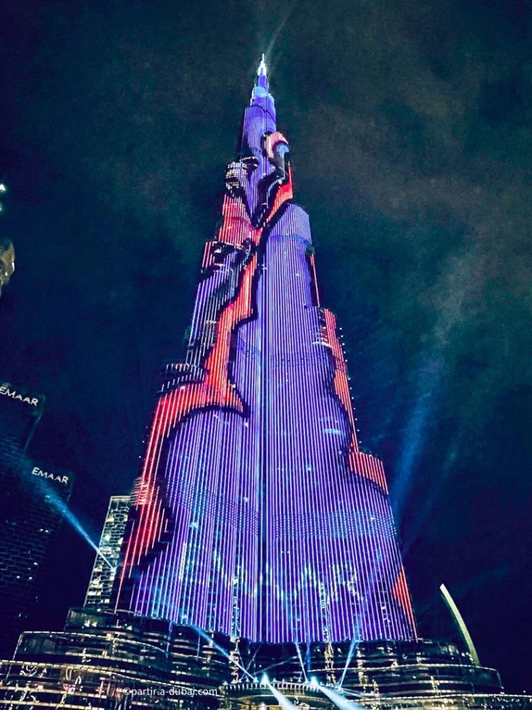 Burj Khalifa at night, lit up in blue