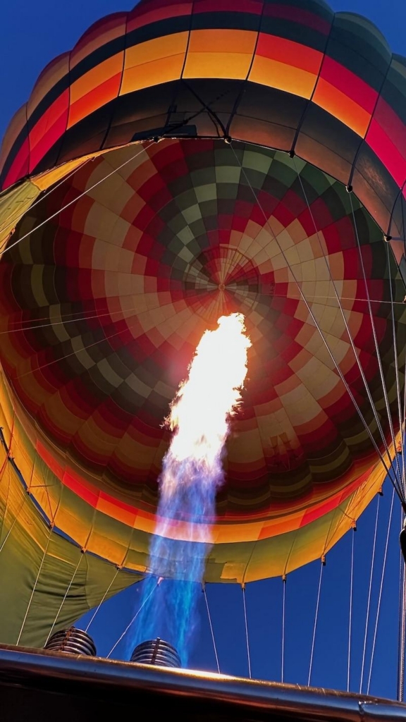 View from inside a hot-air balloon showing the burner used for takeoff