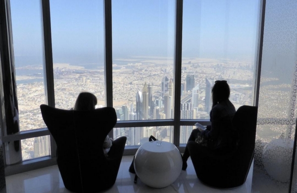 360° observation deck with stylish designer armchairs on the 148th floor of the Burj Khalifa